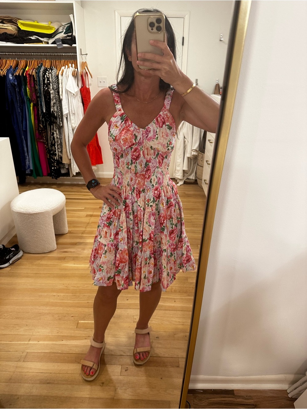 Floral Pink Smocked Mini Dress with V-Neckline